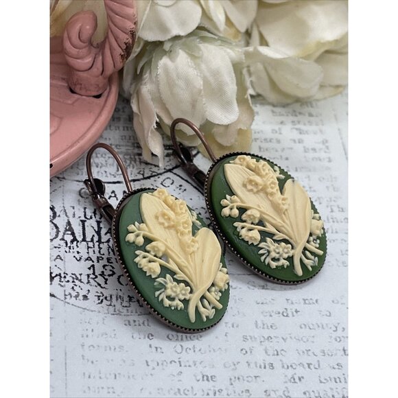 Rose Gold Green Tan Lily Of Valley Setting Anniversary Earring Cameo Birthday - Picture 5 of 11
